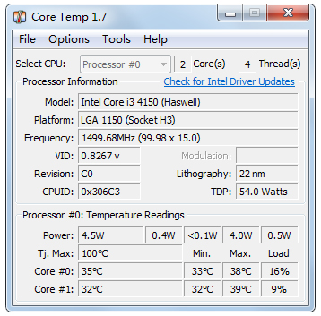 CoreTemp(测量CPU温度) V1.7 绿色版